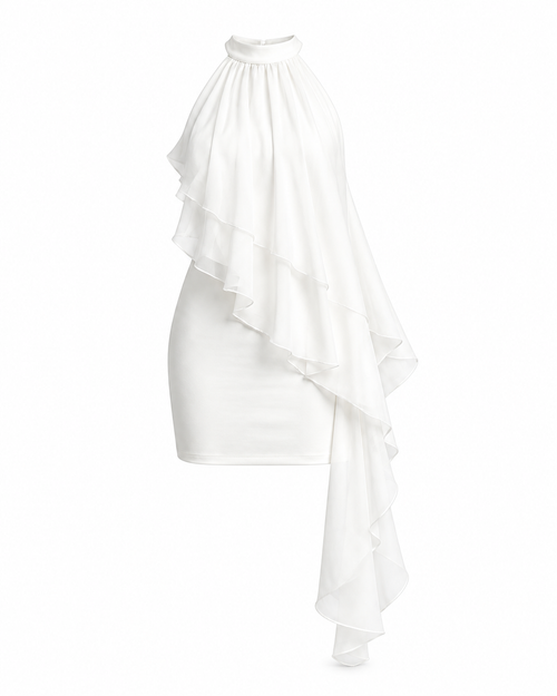 Alessia Chiffonkleid in Weiss auf reinweissem Hintergrund – KI-Produktdarstellung