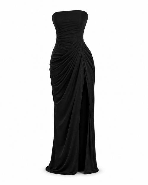 Aurélia drapiertes Abendkleid in Schwarz – Produktansicht