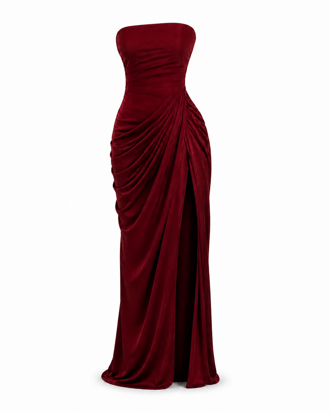 Aurélia drapiertes Abendkleid in Bordeaux – Produktaufnahme auf Weiss