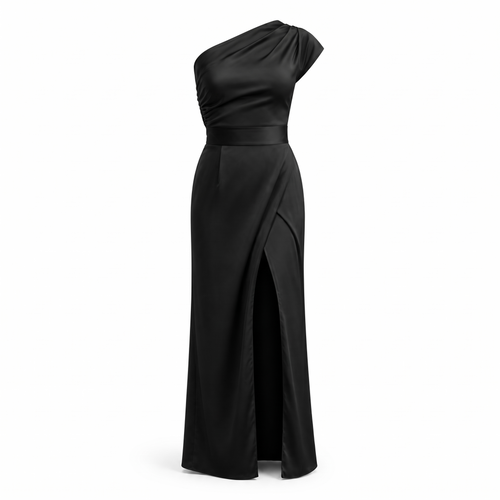 Aurelia asymmetrisches Kleid in Schwarz – große Produktaufnahme auf Weiß
