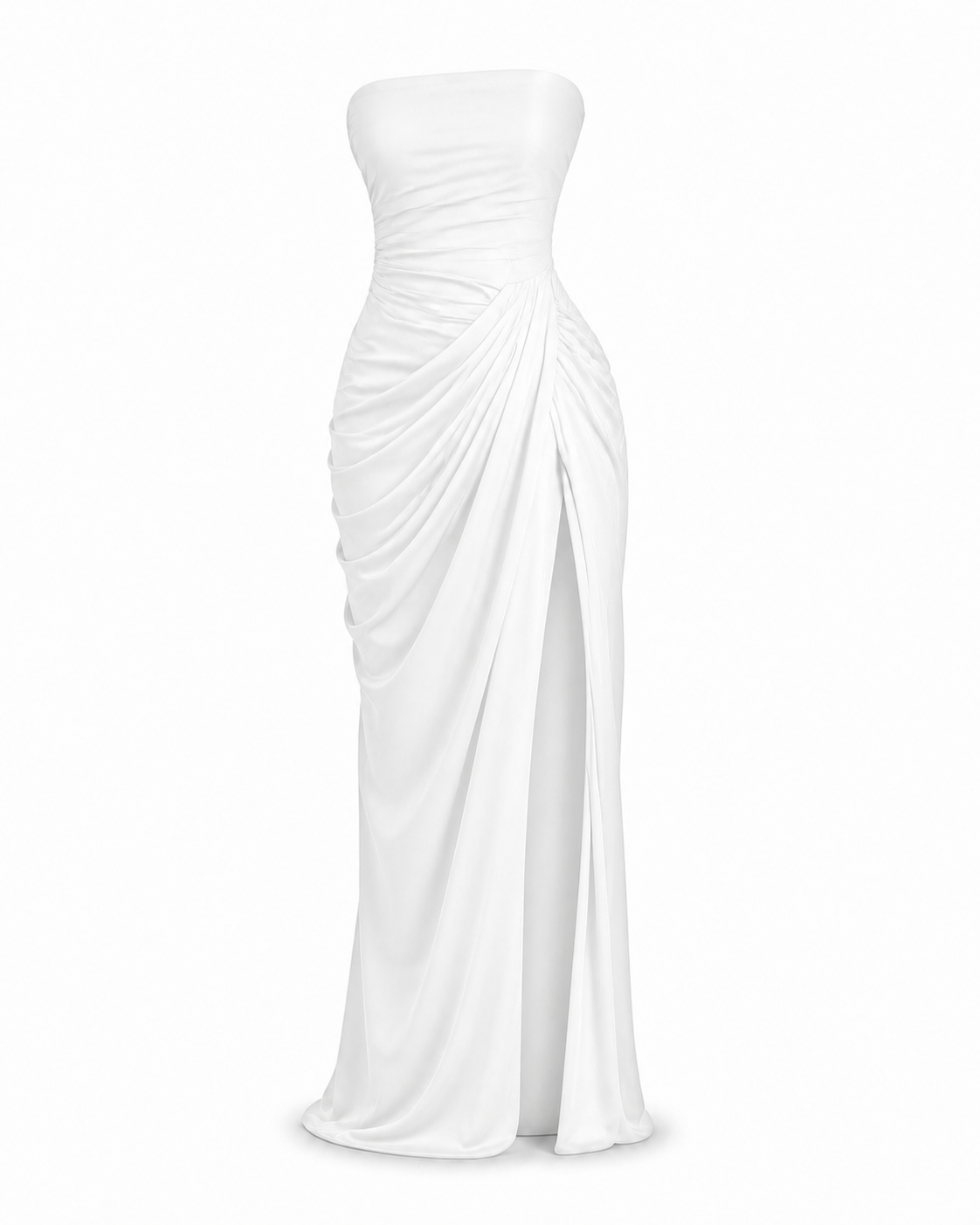 Aurélia drapiertes Abendkleid in Weiss – Produktaufnahme auf Weiss