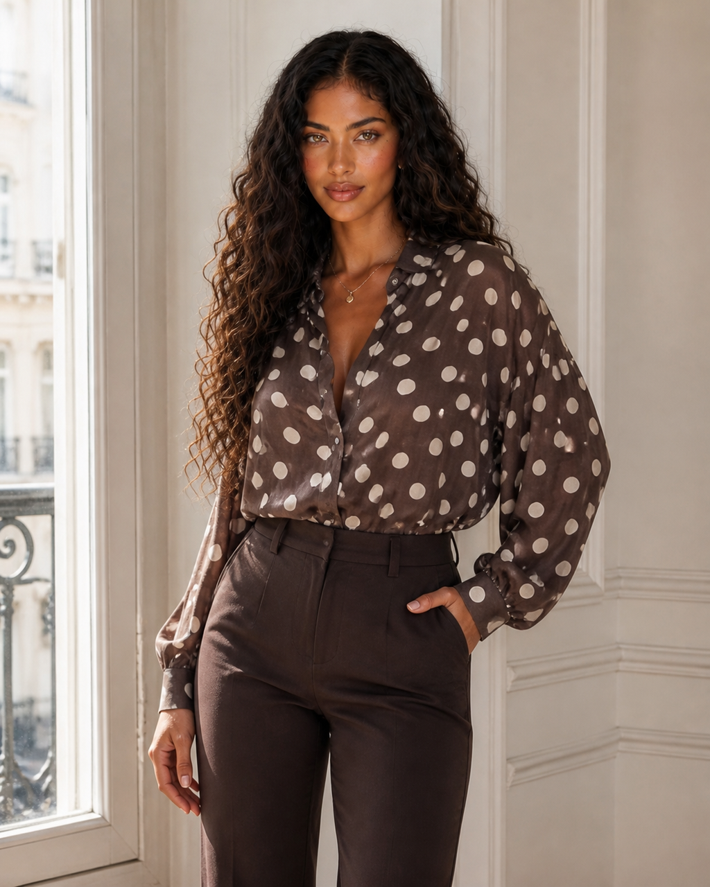 Camille Polka-Dot-Bluse in Braun – SORÉA Model V1