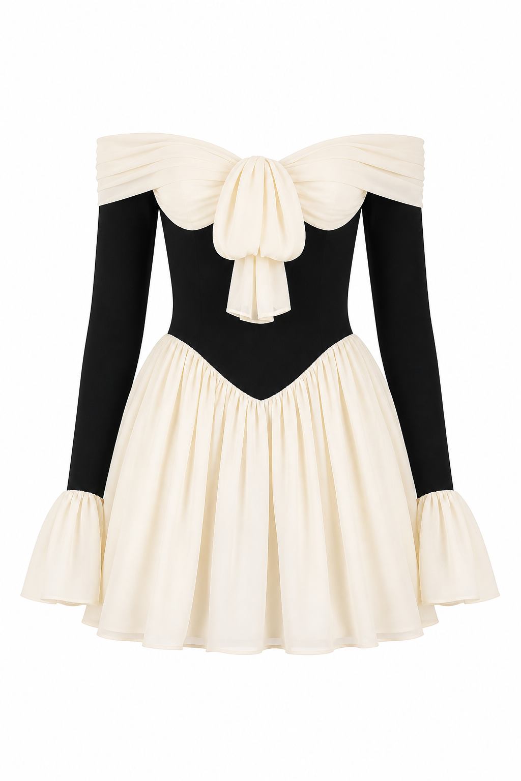 Dalia Kleid in Schwarz und Elfenbein – Produktaufnahme auf Weiss