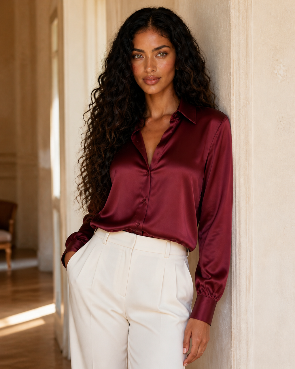 Valentina Satinbluse in Bordeaux – SORÉA Model V1